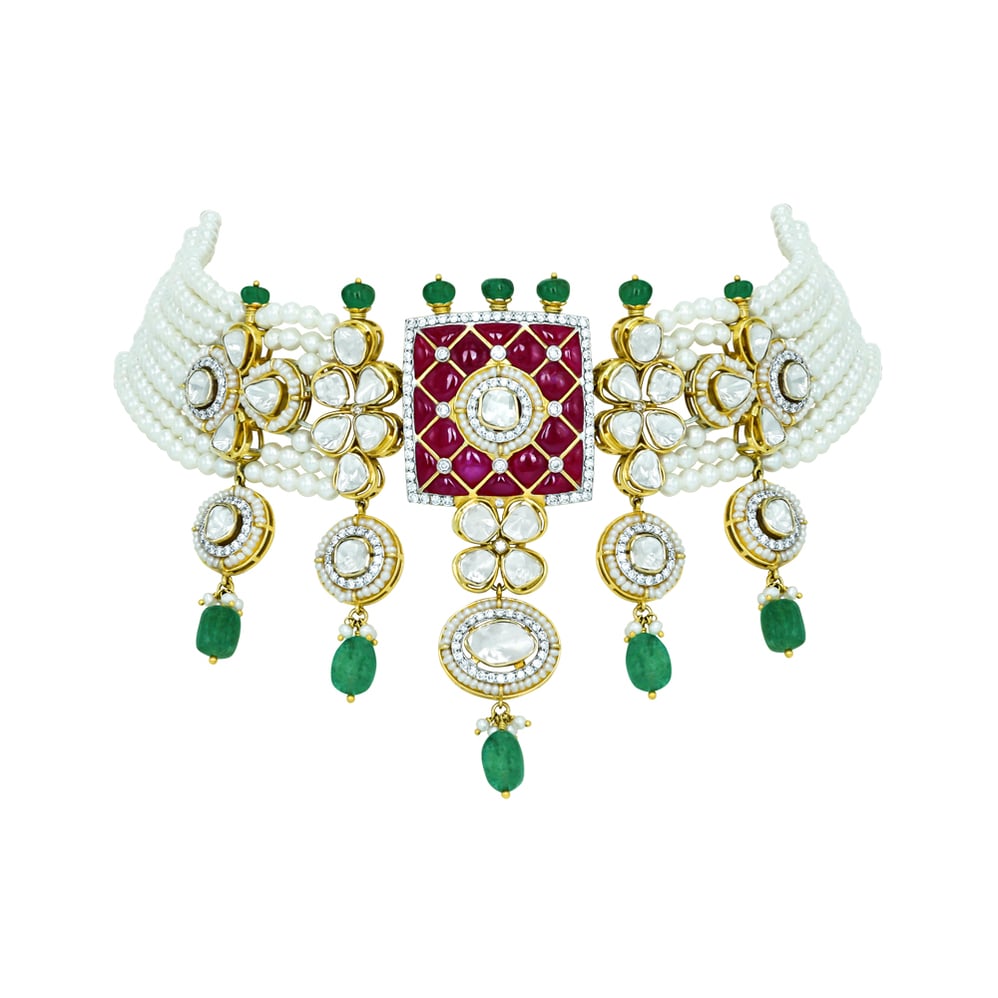 Pearl Choker with Ruby Talaf, Polki, and Emerald Drops